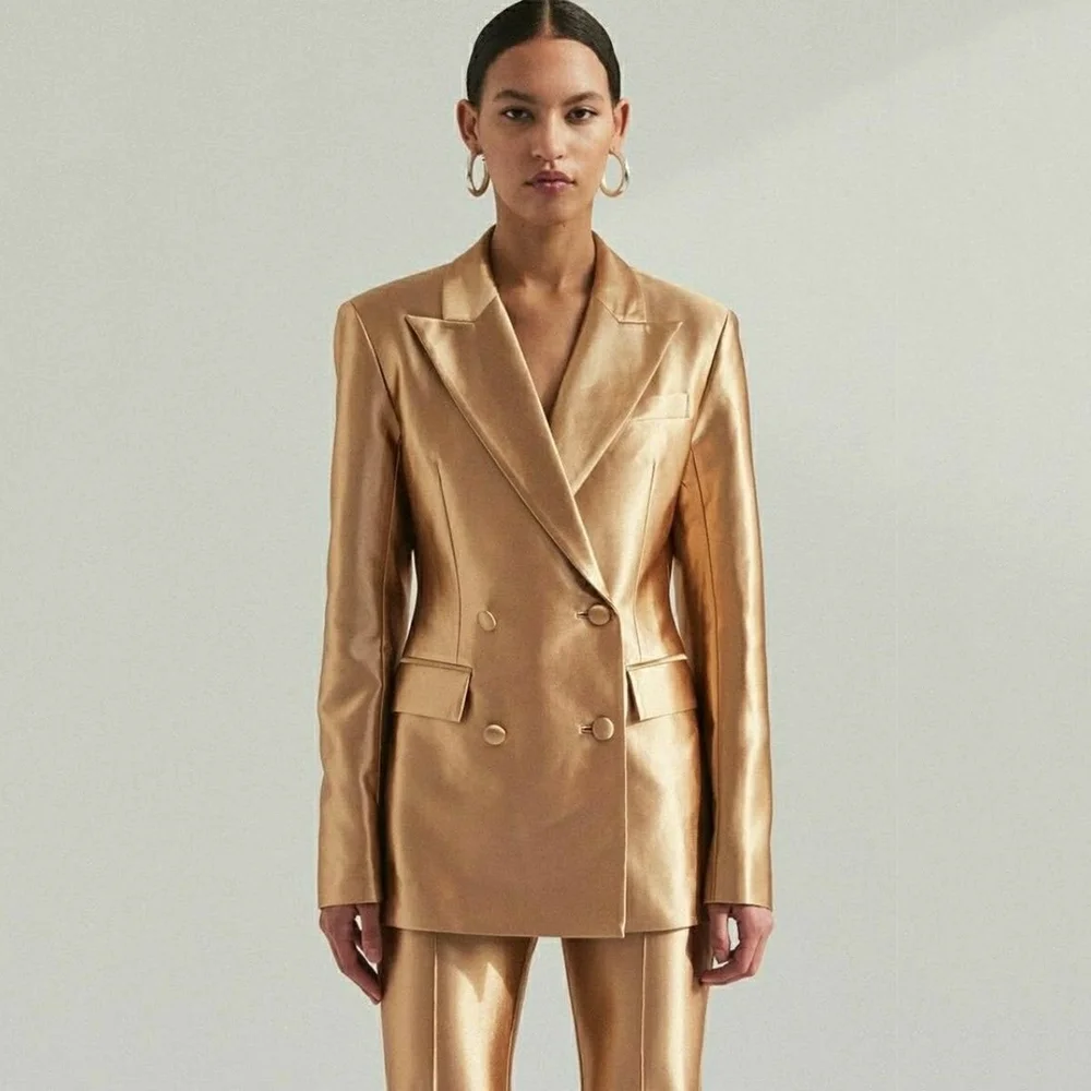 Shiny Satin Double Breasted Women's Suits 2 Piece Sets Jacket Pants Suit Set for Office Work Business Casual Chic Lady Outfits