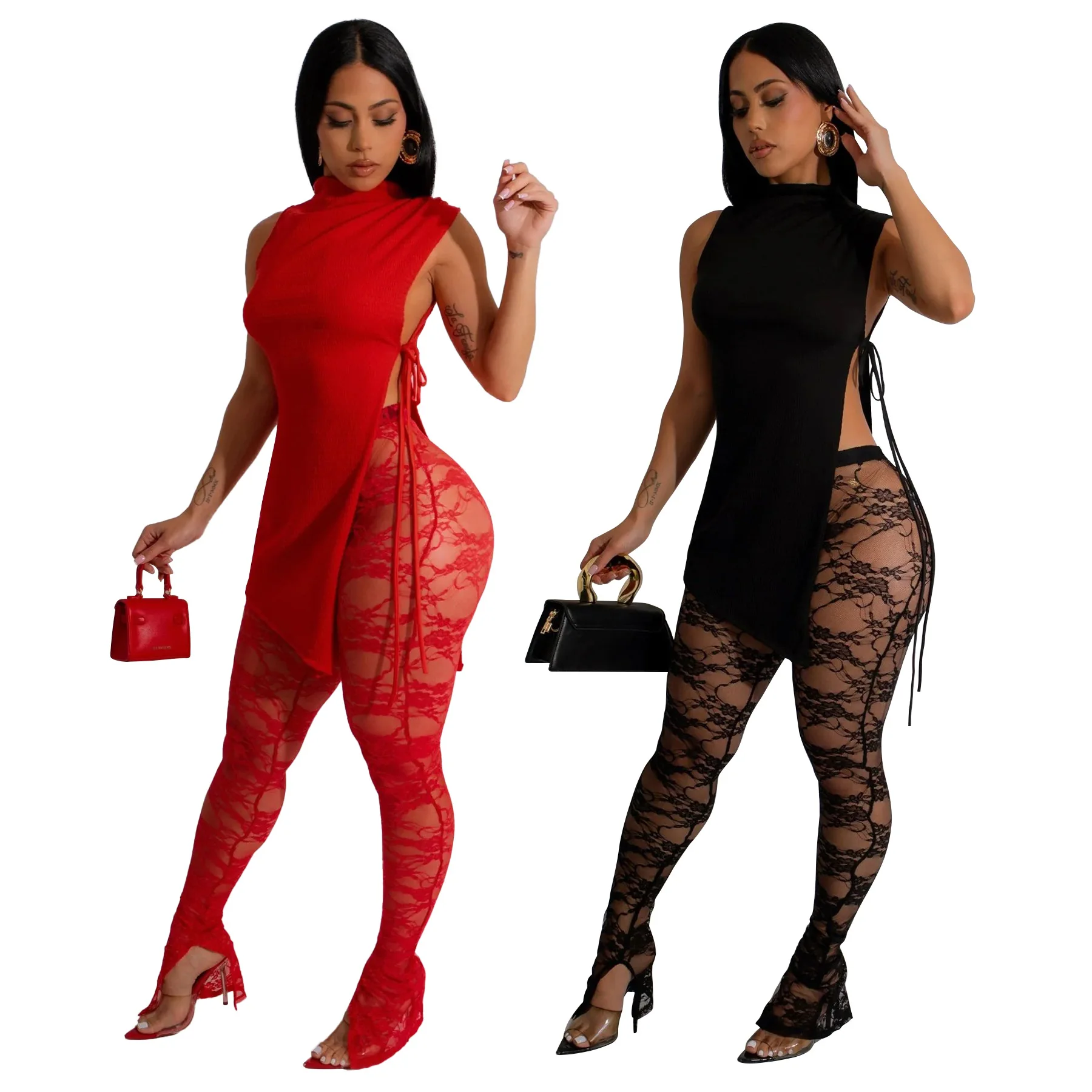 EINY Women Sexy Solid 2 Piece Set Fashion Side Split Lace Up Tank Tops + See Through Lace Pants Female Night Clubwear Party Suit