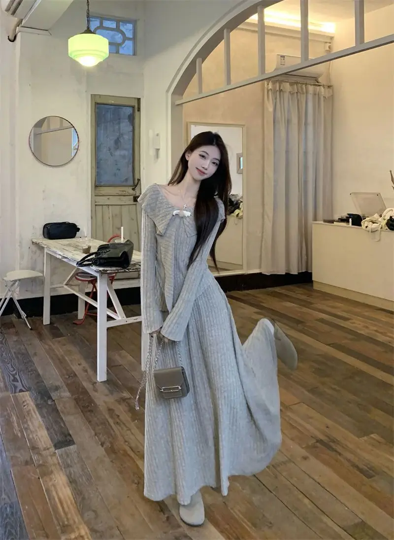 

French Suit Irregular Temperament Knitted Top High Waist Skirt Women's Spring And Autumn Two-piece Set High Sense Thin