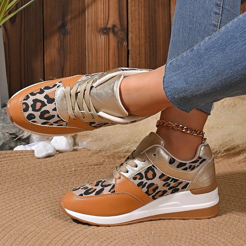 2025 Plus Size Leopard Print Sneakers Women Pu Leather Platform Sneaker Shoes Woman Comfortable Non Slip Lace Up Shoes Female