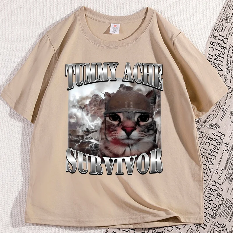 Tummy Ache Survivor Cat Meme T Shirts Man Cotton Funny Saying Cats Animals Printed Tshirt Casual Round Neck Short Sleeved Tees