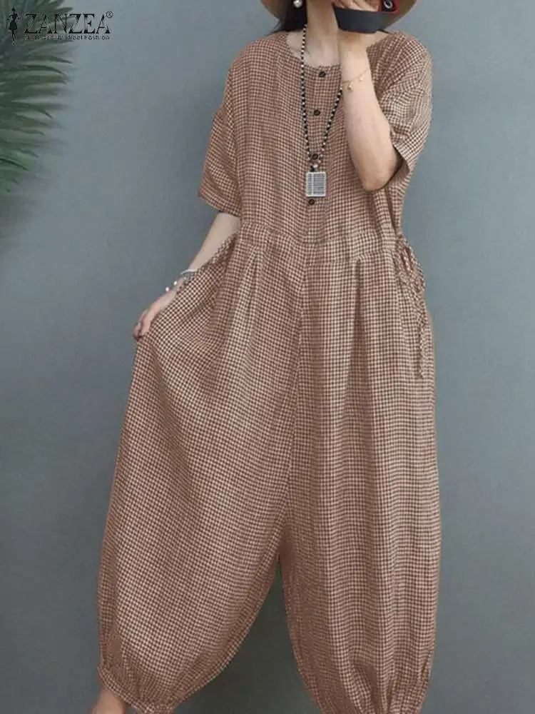 ZANZEA Summer Jumpsuits Casual Holiday Overalls Vintage Plaid Checked Wide Leg Rompers Women Fashion Half Sleeve Loose Playsuits