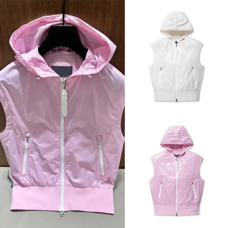 Golf Ladies Spring Windproof Sleeveless Jacket Quick-Drying Top Versatile Sports Letter Hooded Vest