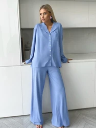 HiLoc Elegant Blue Long Pants Pajamas Sets 3 Pieces Women Fashion Pockets Loose Blouses With Hair Band Long Pants Nightwear 2024