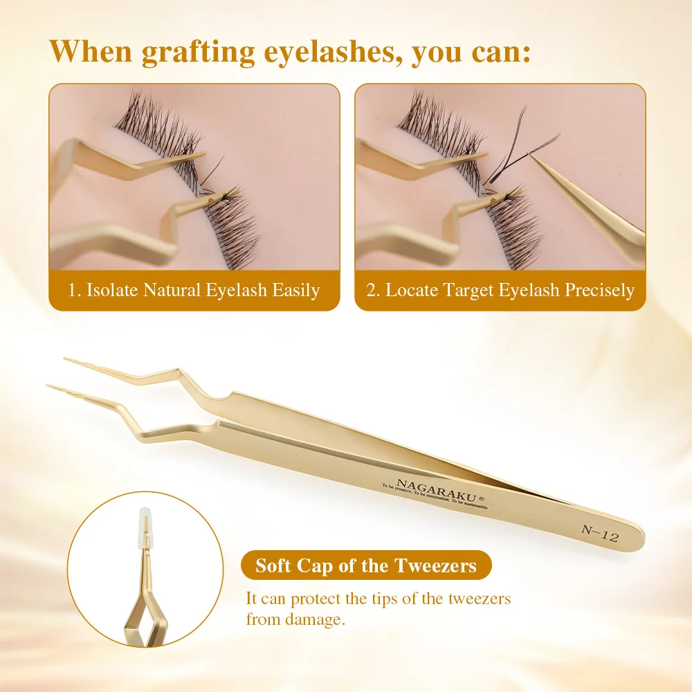 Pęsety do izolacji rzęs NAGARAKU, precyzyjne, z włóknistą końcówką, profesjonalne narzędzie do makijażu, lekkie, ze stali nierdzewnej.