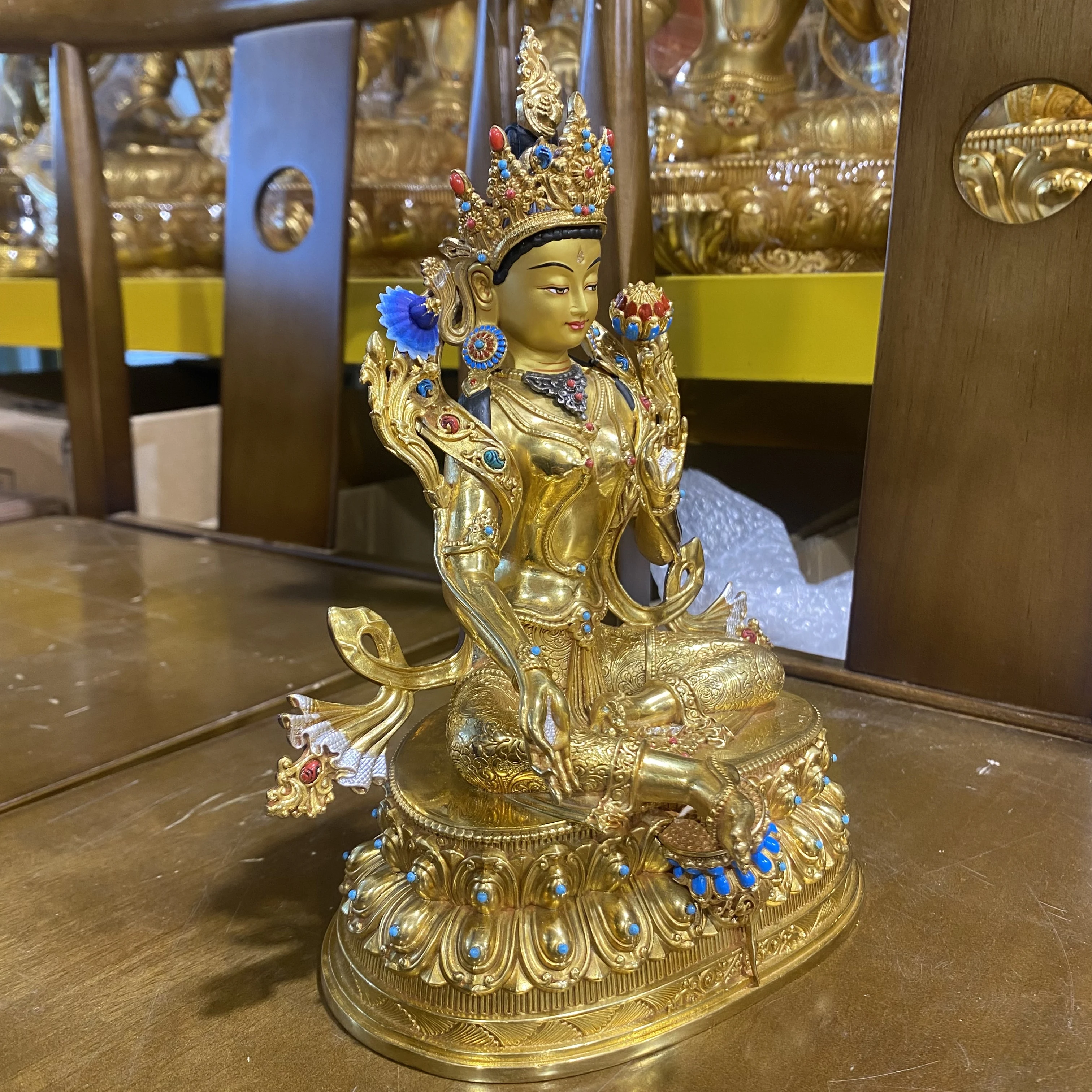 7 inch Tibetan Tantra pure copper gilt green Tara Buddha ornament Seiko Buddha statue 20cm ornament Interior ornament