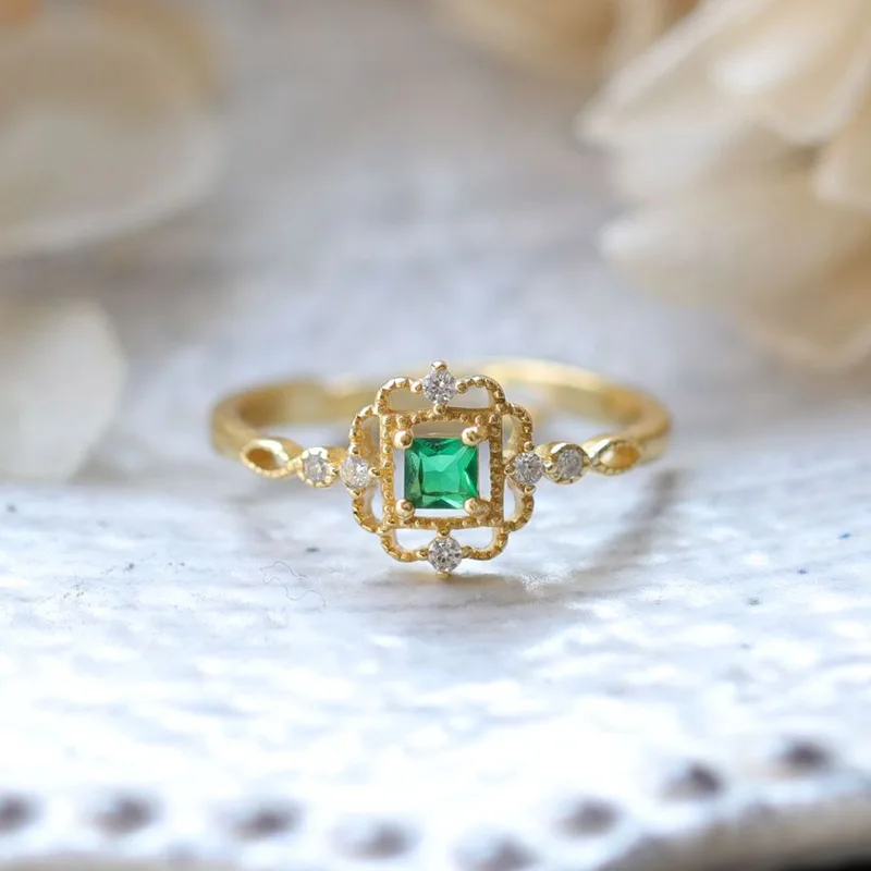 LAMOON 925 Sterling Silver Rings For Women Vingtage Synthetic Emerald Ring Gold Plated Jewelry Wedding Engagement Accessories