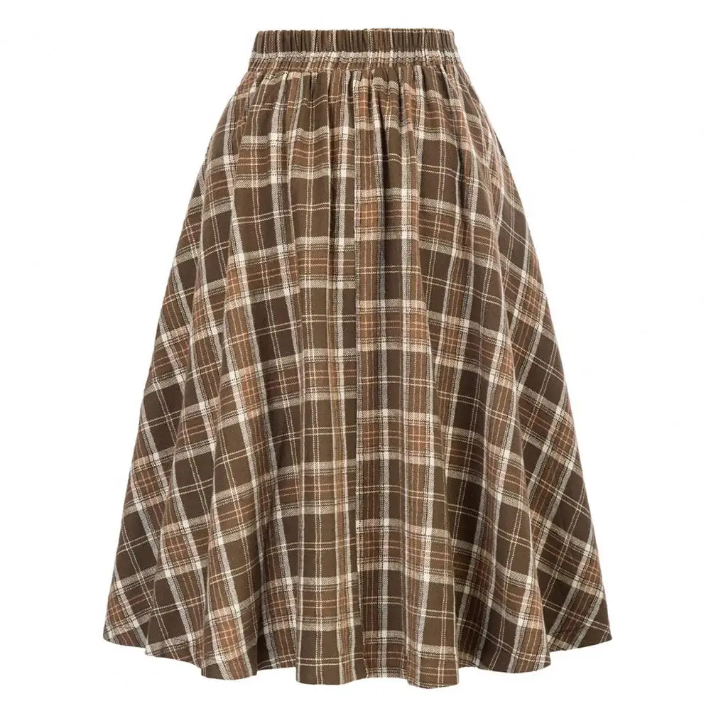 2025 Women Plaid Skirt High Waist A-line Skirt Elegant Colorblock Plaid Maxi Skirt with Ruffle Detail Pockets Women's High for P