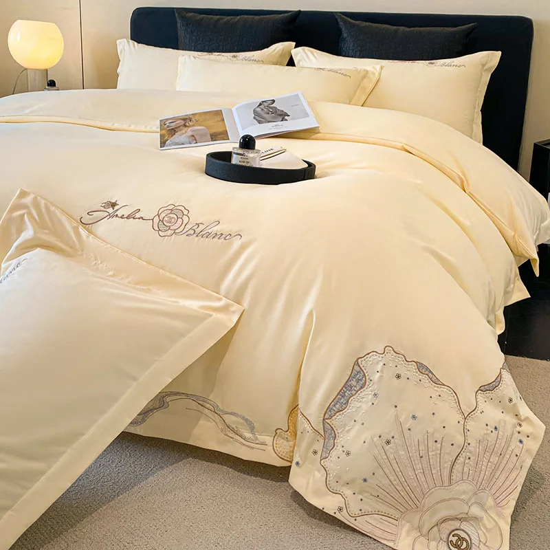 4Pcs Bedding Set Nordic Soft Cotton Blossom Embroidery, Simple Solid Color Yellow Luxury Bedroom Sets Sheets Sets Queen Size