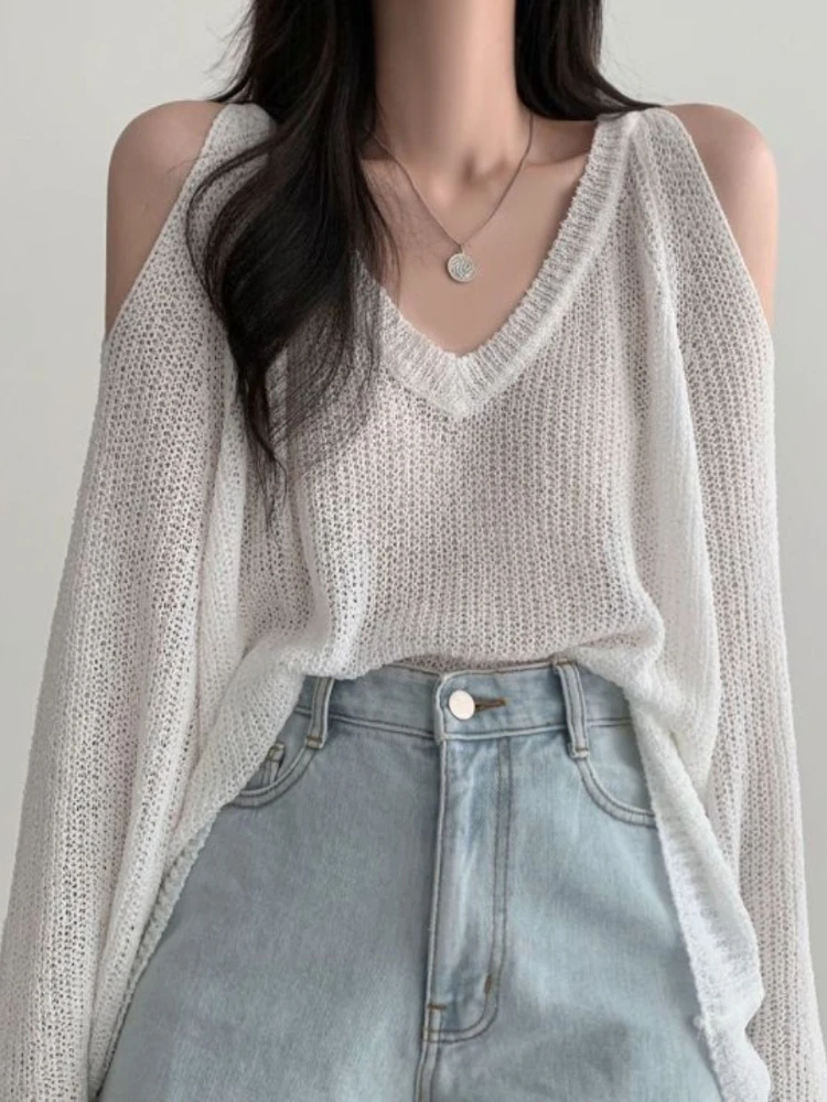 Deeptown Oversized Sweater Knitted Hollow Out V-neck Off The Shoulder Tops Long Sleeve Solid Color Pullover 2024 Autumn Sweater.