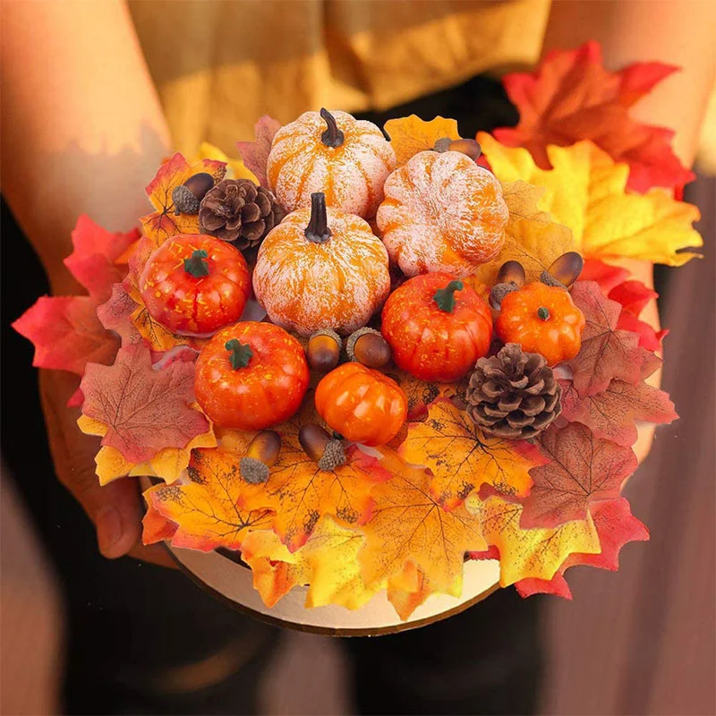 Artificial Foam Pumpkin Fake Pine Cones Silk Maple Leaves Wreath for Autumn Thanksgiving Wreath Decoations DIY Crafts Suppl