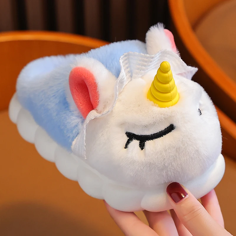 

2025 New Winter Warm Unicorn Plush Slippers for Girls Closed-Toe Anti-Slip Indoor House Cotton Slippers