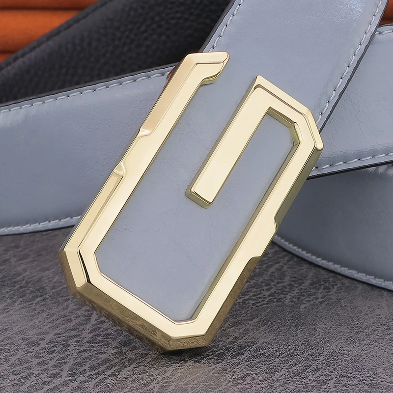 

High Quality Designer Gold G Letter Buckle Trousers Men Light Grey Genuine Leather Luxury Young Men Casual Famous Waistband