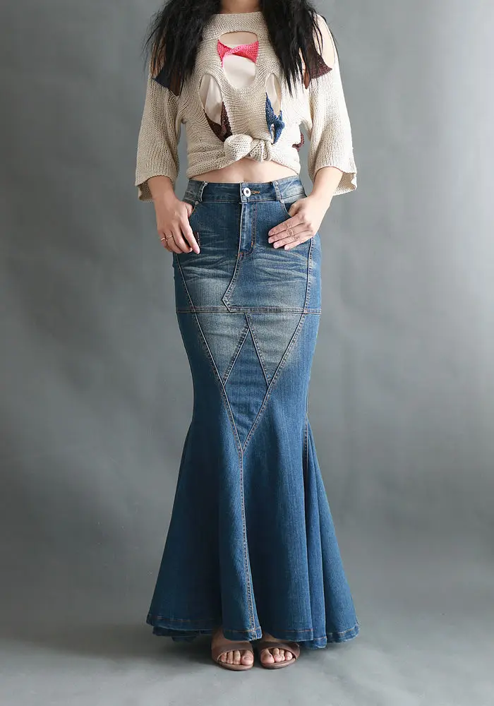 Rok Maxi Denim putri duyung mode rok panjang Swing besar Vintage pinggul ketat ekor ikan rok ketat seksi elegan