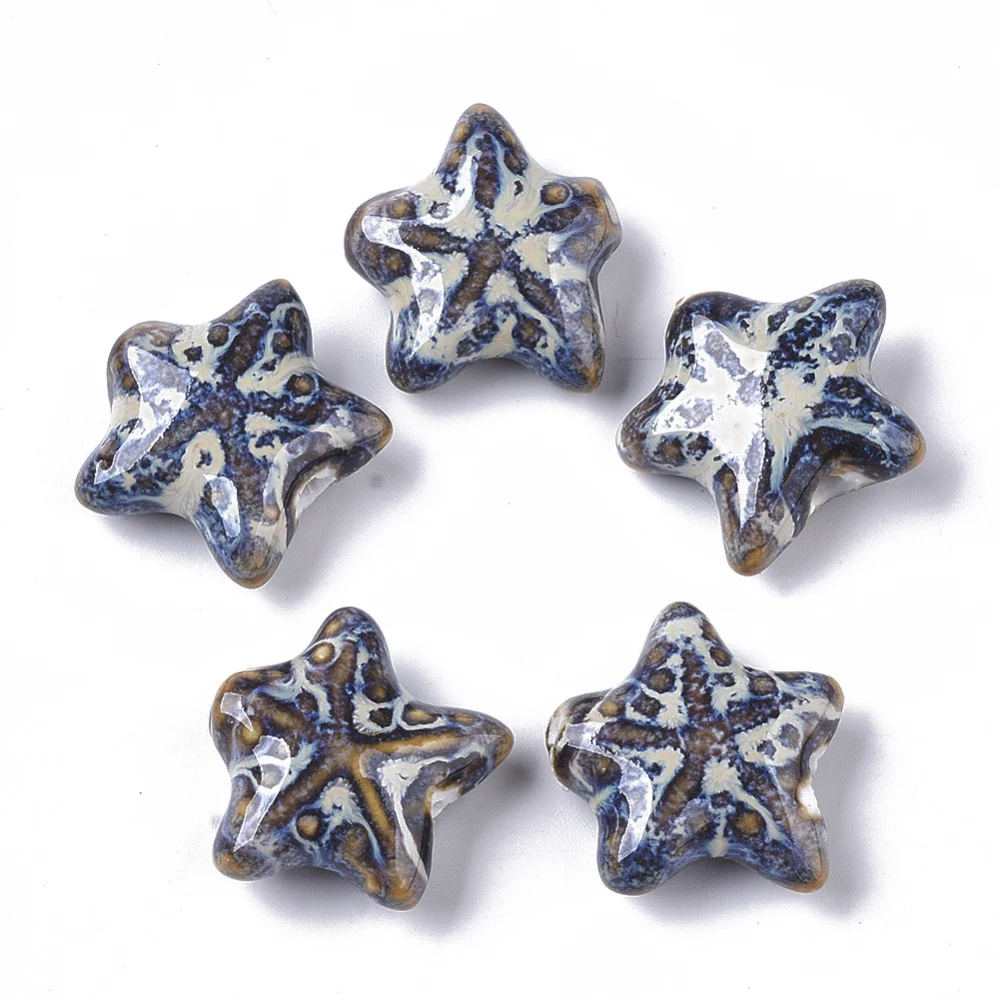 100Pcs Handmade Porcelain Beads, Fancy Antique Glazed Porcelain, Starfish/Sea Stars, Colorful, 19~20x20.5~22.5x7.5~8.5mm