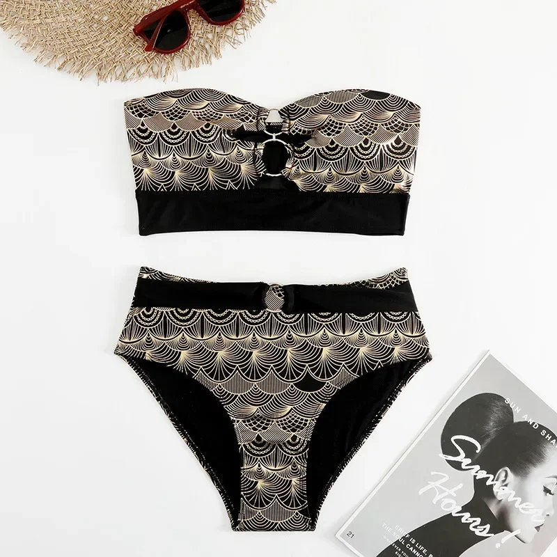 

Bandage Swimwear Women Sexy High Waisted Bikini 2024 Bandeau Swimsuit Female Gold Bikini Set Brazilian Biquini Bathing Suit Swim
