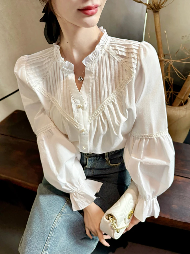 

New Autumn Women White Cotton Blouses Blusas Female Temperament Elegant Fashion Puff Long Sleeve Office OL Casual Shirt Tops