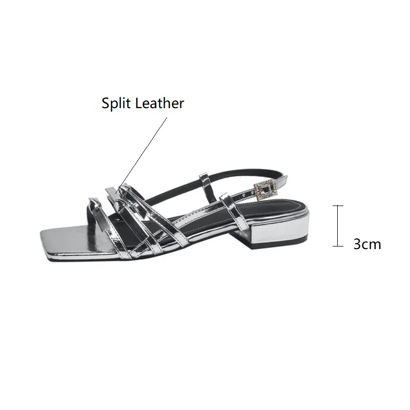 New Split Leather Summer Sandals Square Toe Sandals Roman Shoes Women Handmade Low Heels Shoes for Women Zapatos Mujer Silvery