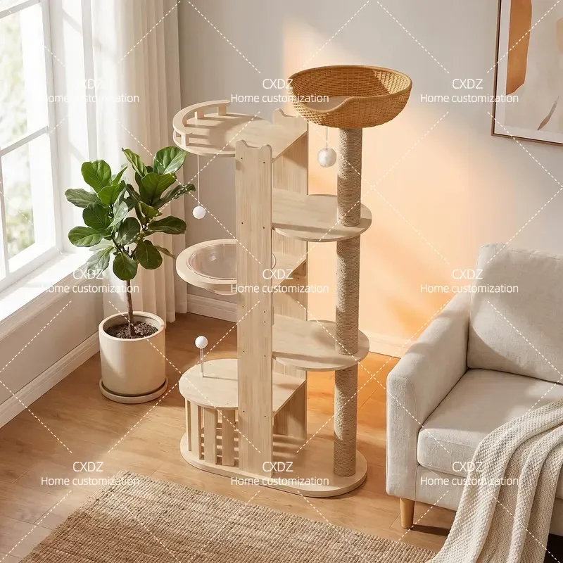 Solid Wood Cat Tree Space Capsule Minimalist Large Cat Scratching Board Integrated Cat Nest Climbing Frame for Big Cats