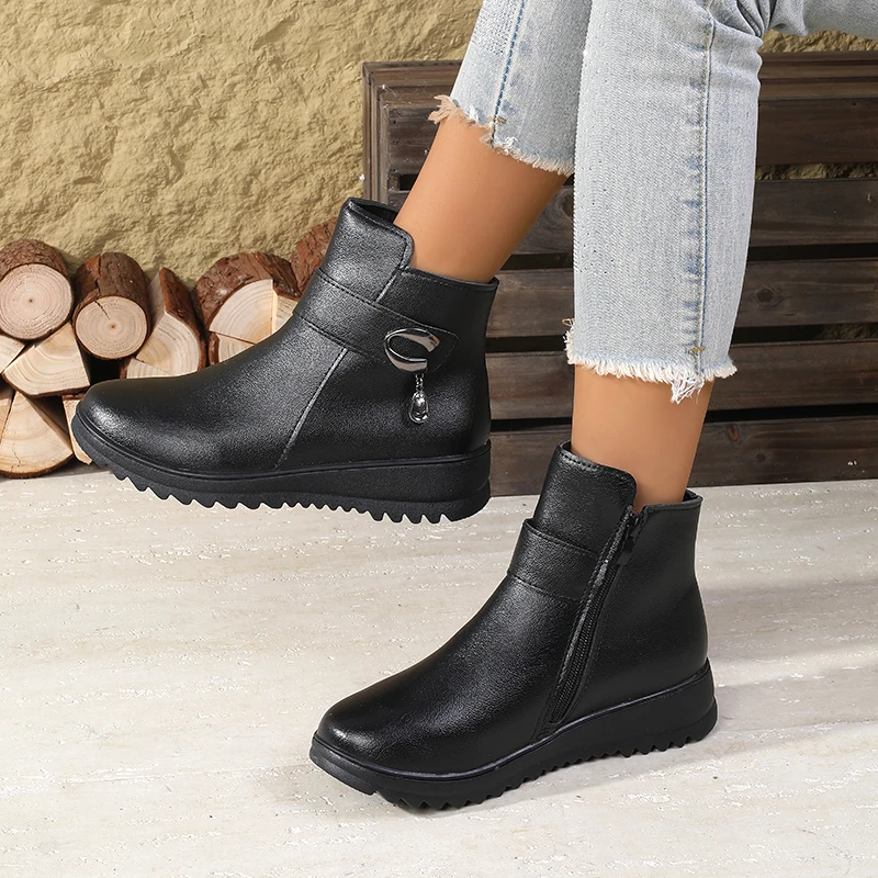 Sepatu Bot Hangat Berlapis Bulu Musim Gugur & Musim Dingin - Sepatu Nenek dengan Ritsleting Samping Anti Selip, Alas Kaki Bergaya Serbaguna untuk Usia Paruh Baya & Lansia