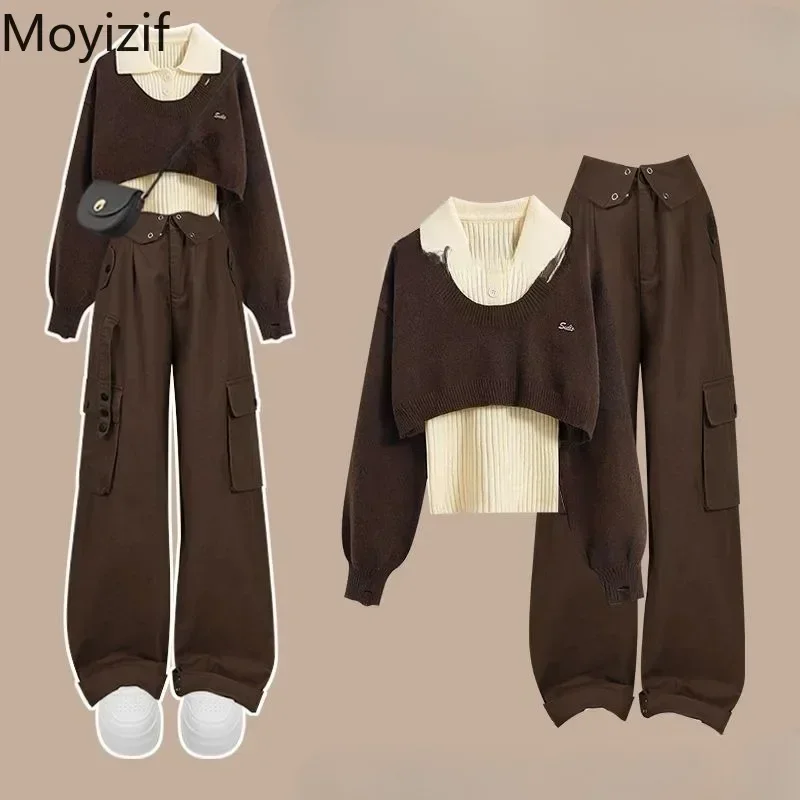 

Ladies Sets O-Neck Short Sweater+Collar Vest+Foldable Waist Large Pocket Wide Leg Pants Casual Three Piece Women's Clothing