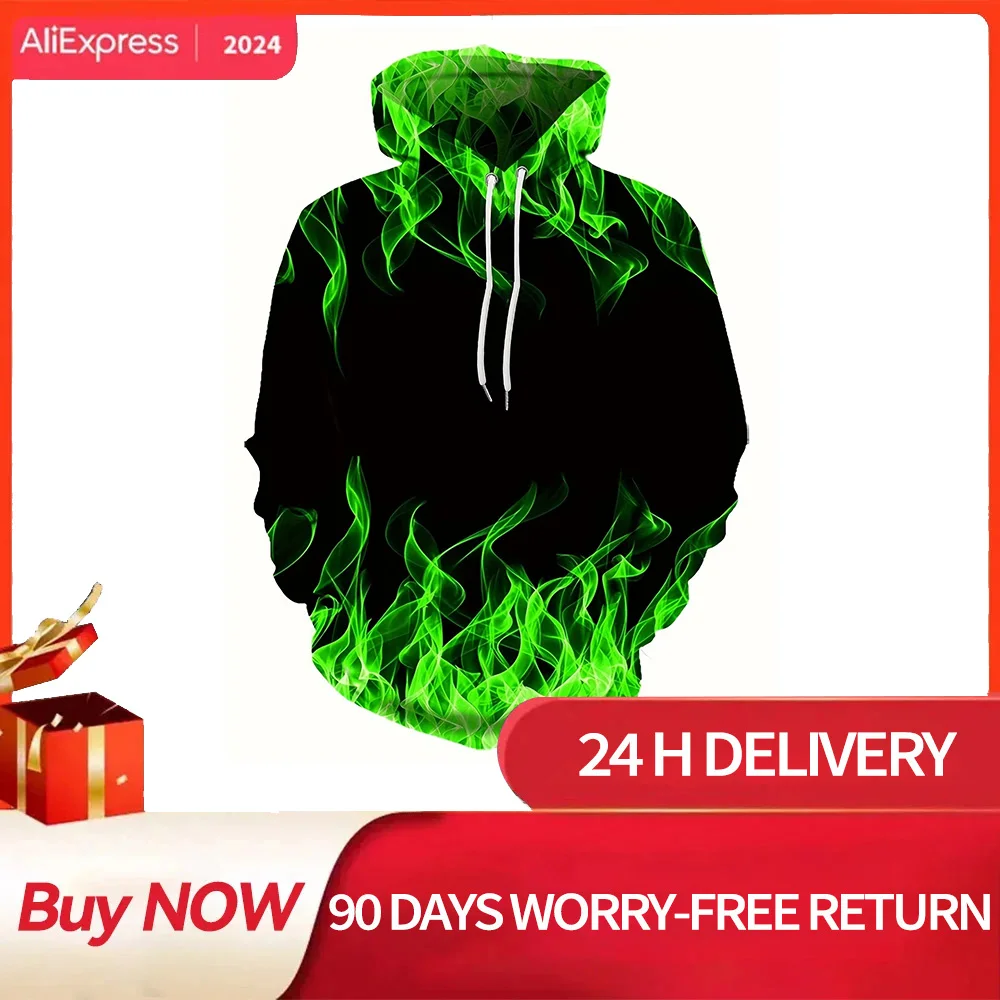 2024 Creative Flame 3D Print Hoodie, Cool Hoodies Mens,Spring Autumn Pullover Hooded Sweatshirt,Oversized Harajuku Y2k Clothes