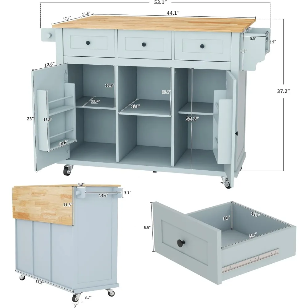 Rolling Kitchen Island Trolleys Table on Wheels with Drop Leaf, Storage Cabinet, Drawer, Spice/Towel Rack, Kitchen Cart