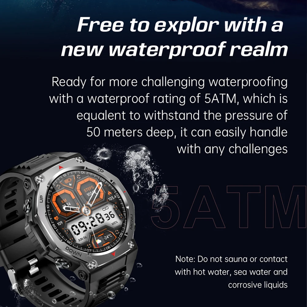 Smartwatch T-REX 3 z funkcją połączeń Bluetooth, GPS, dla mężczyzn, zegarek wojskowy outdoorowy, wodoodporność 10ATM, światła LED, monitorowanie stanu zdrowia.