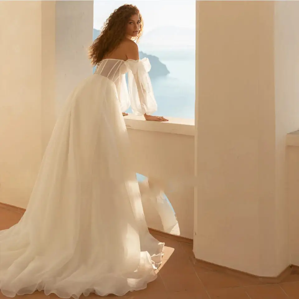 Off The Shoulder Princess Wedding Dress Puff Sleeve Lace Sweetheart Neck Boho Bride Dress Side Split Wedding Gowns Vestido Novia