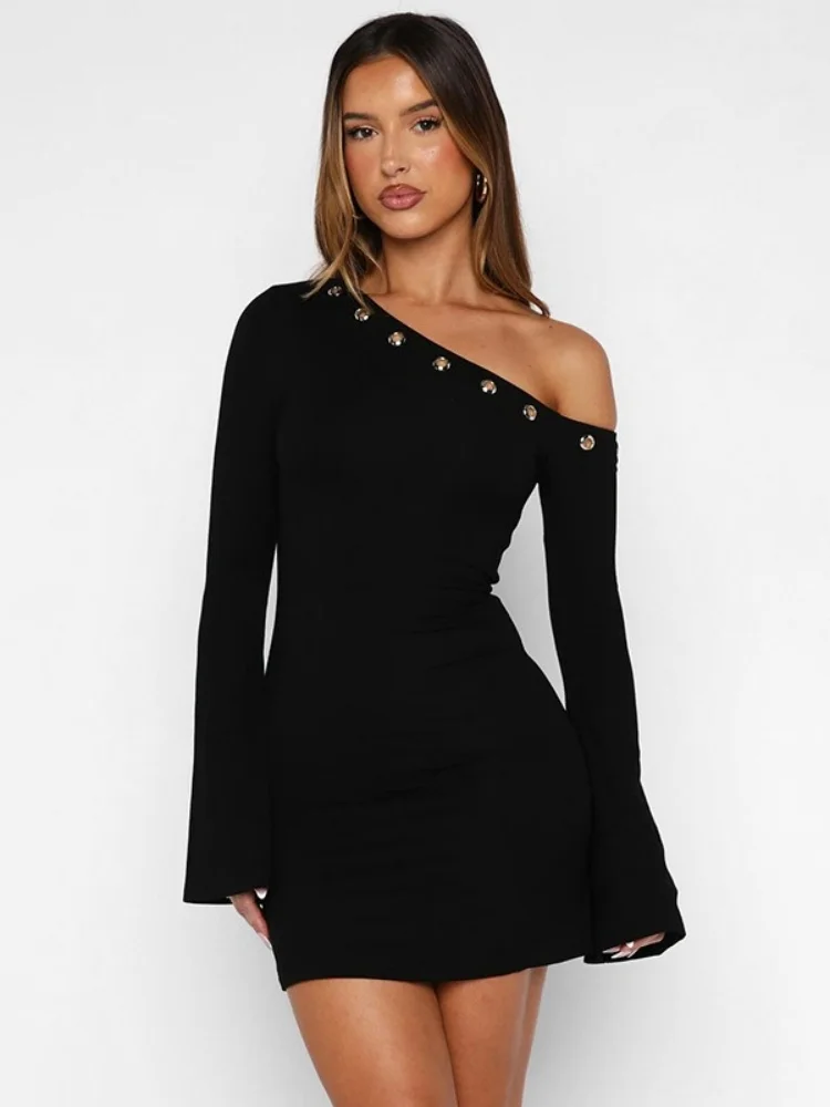 Inclined Collar Bodycon Dress For Women Hot Club Outfit Flare Sleeve One Piece Y2k Clothes Solid Black Vestidos De Mujer Ring