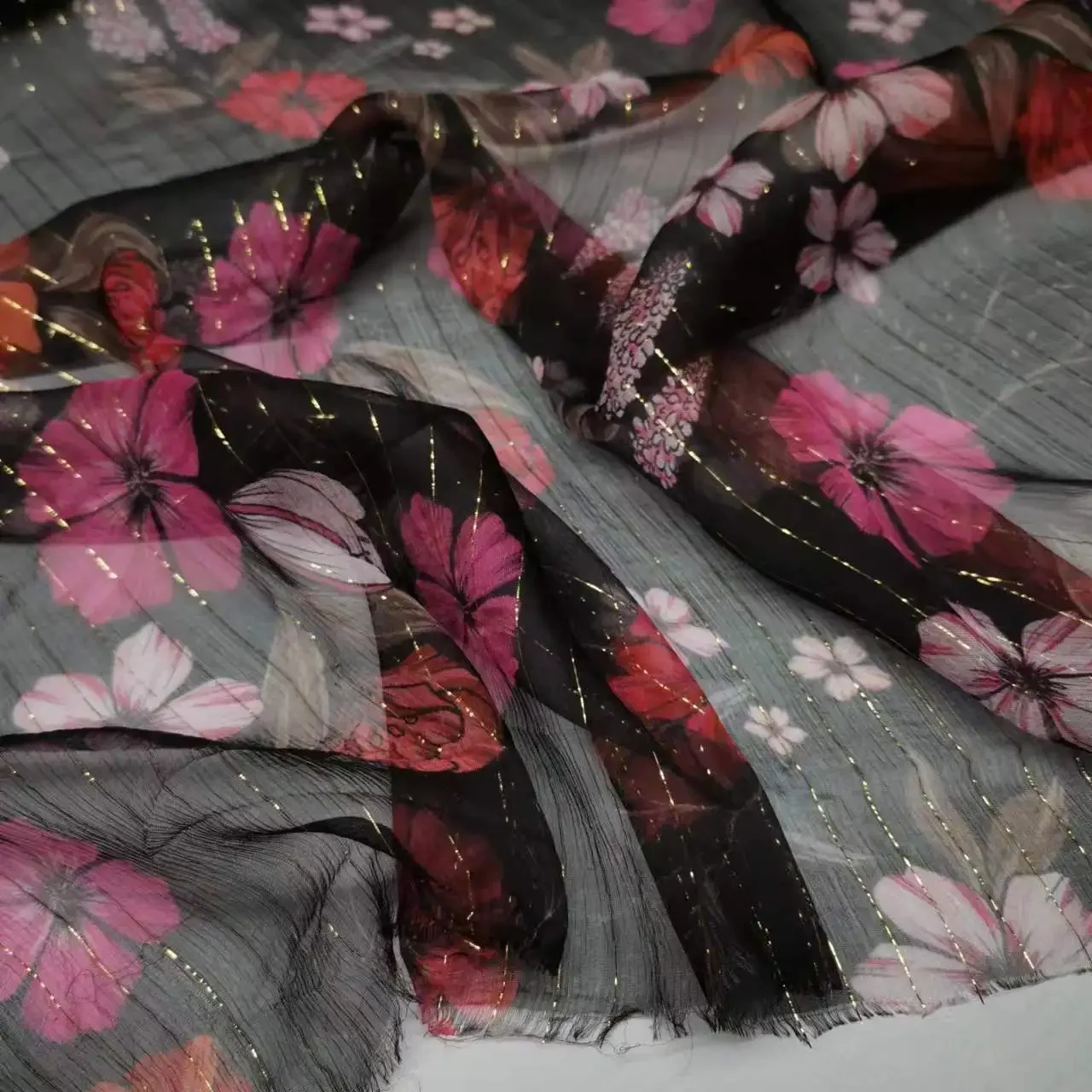 Lurex Silk Floral Chiffon Fabric Soft  Metallic Jacquard Dress Scarf Material