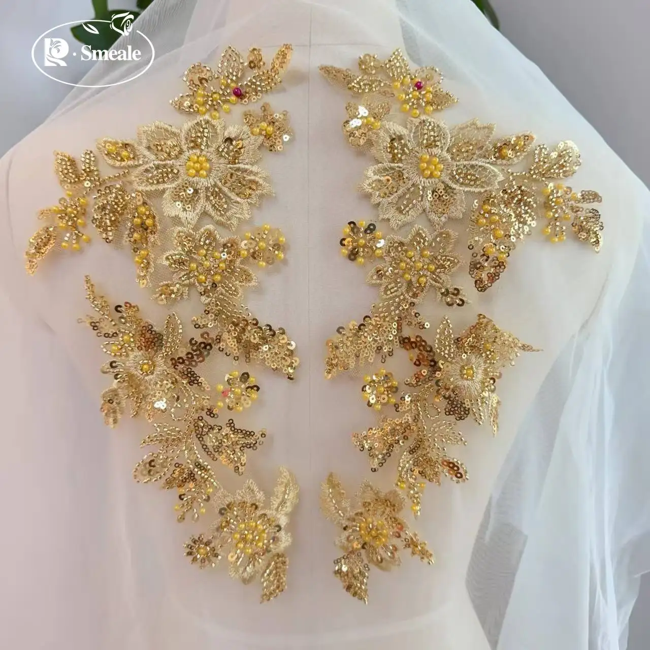 10 Stück/2 Stück. Bestickte Spitze mit mehrfarbigen Perlen, Perlenstickerei, Blumen-Pailletten, handgemachter DIY-Spitzen-Applikations-Patch. – Detail 9