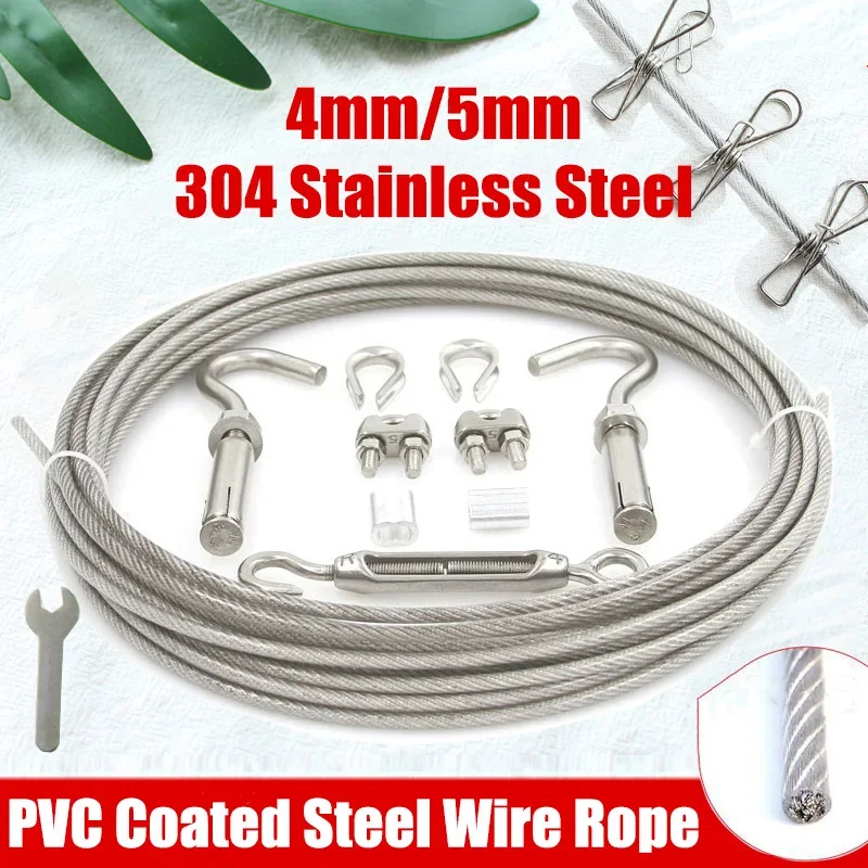 2/4/6/8/10/12/30M 304 Stainless Steel Soft Wire Rope 4mm/5mm PVC Coated Clothes Drying Rope for Balcony Dormitory Outdoor Indoor