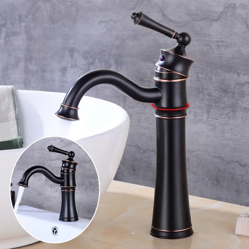 Basin Faucets Black Brass Deck Mounted Bathroom Sink Faucet High Arch Single Handle Hole Bathbasin Mixer Hot Cold Water Tap