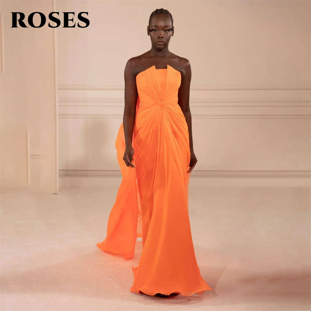

ROSES Simple Orange Mermaid Chiffion Party Dress Sleeveless Pleats Night Dresses Strapless Celebrity Evening Dresses Customized
