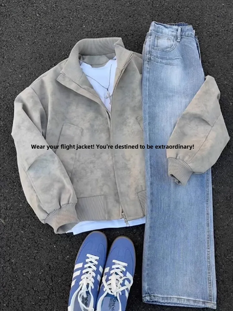 

ay Cleanfit Pilot Jaet Men's Autumn American Retro Heavyweight Stand Collar ort Baseball Sle Windproof Polyester Fiber