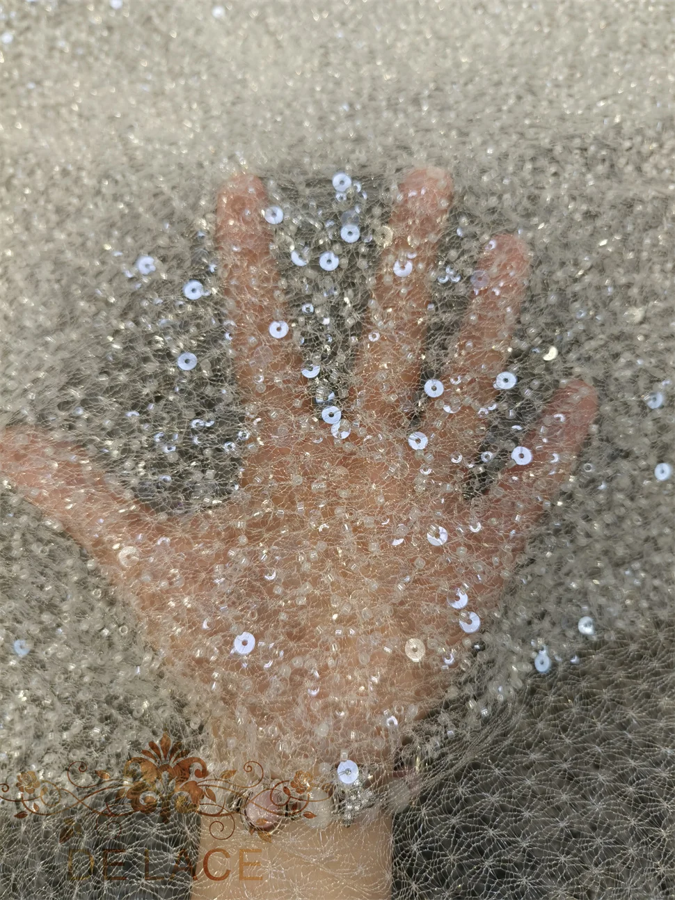 Luxury Lace Fabric Shiny Glitter Mesh Fabric With Heavy Beaded and Sequins Evening Dress Wedding Dress Fabric