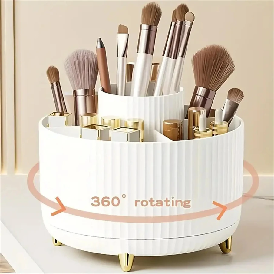 360° Rotating Makeup Organizer - 1pc Plastic Cosmetic Storage with 5 Compartments - Multi-Functional Holder for Brushes