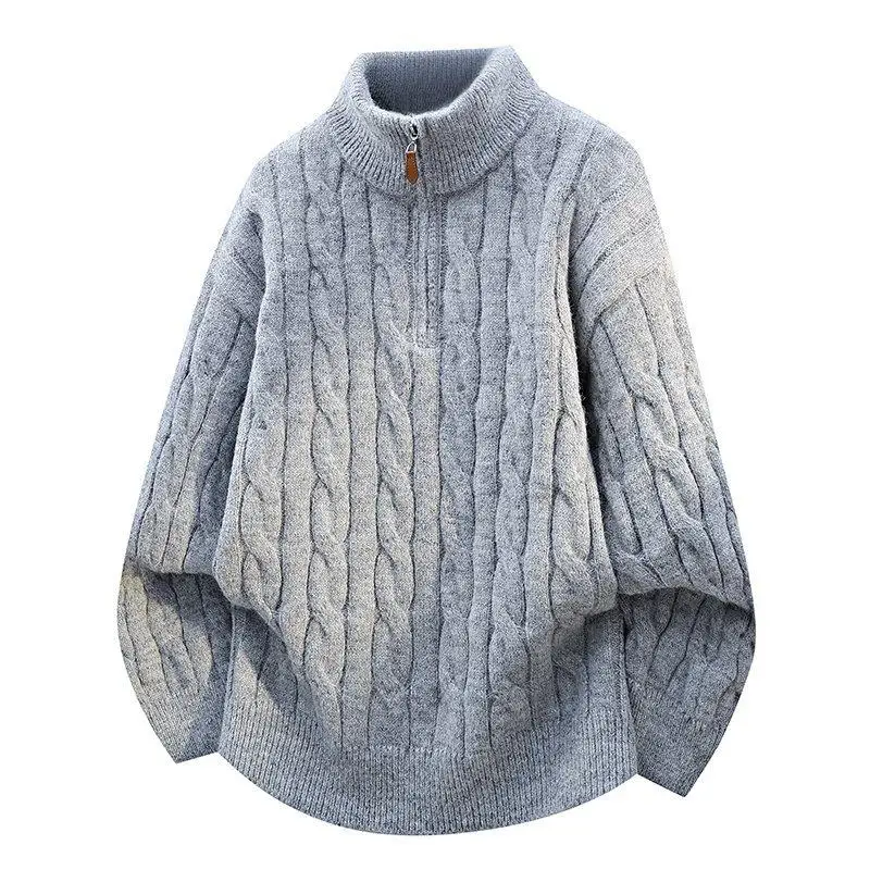 

Зимний мужской вязаный свитер с воротником на молнии, повседневный, универсальный, из полиэфирного волокна, с длинными рукавами, теплый, утолщенный, однотонный, молодежный модный топ