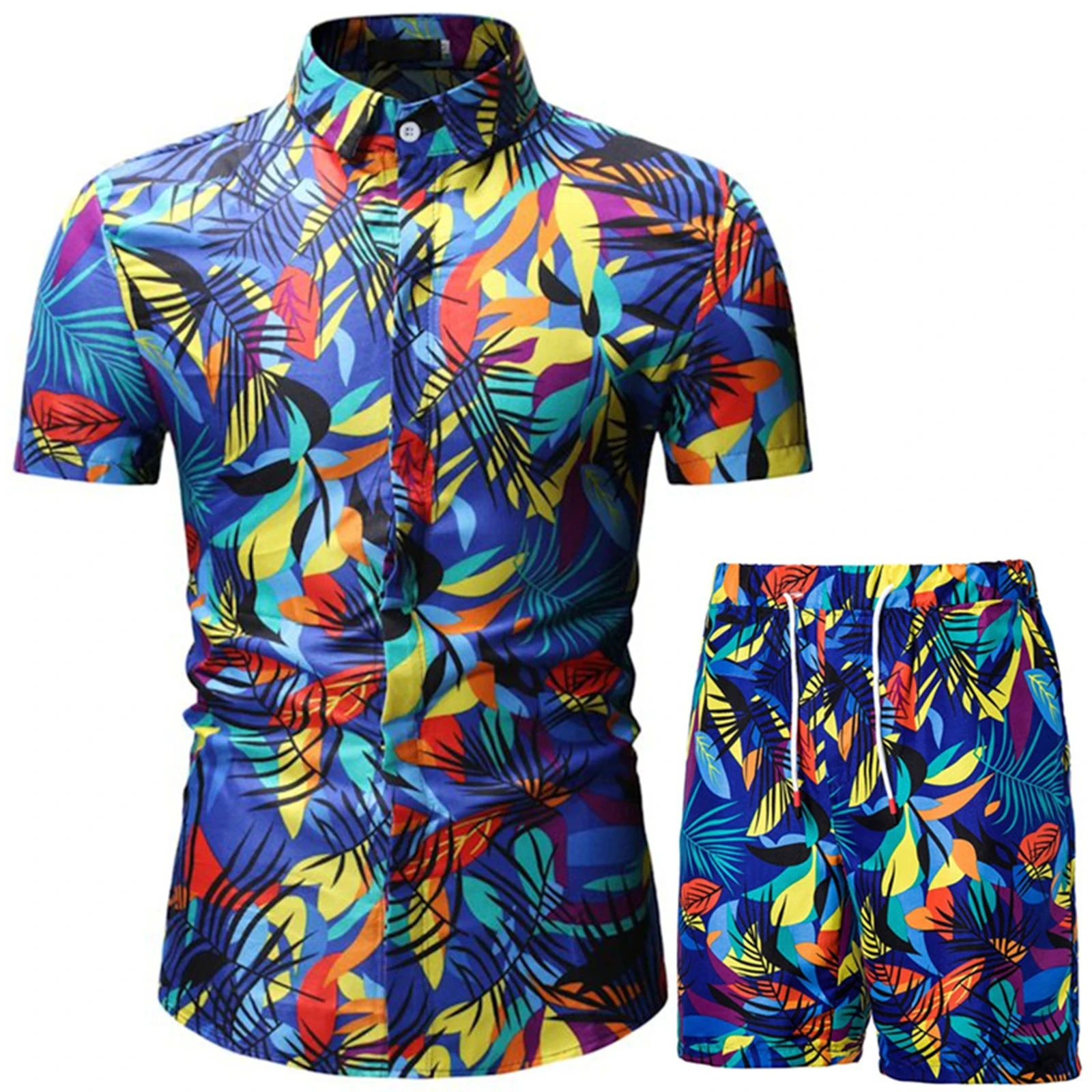 Hawaii 2 Pcs Men Summer Beach Outfits 3D Printed Short Sleeve Lapel Button Down Shirt + Drawstring Shorts Male Clothes Sets