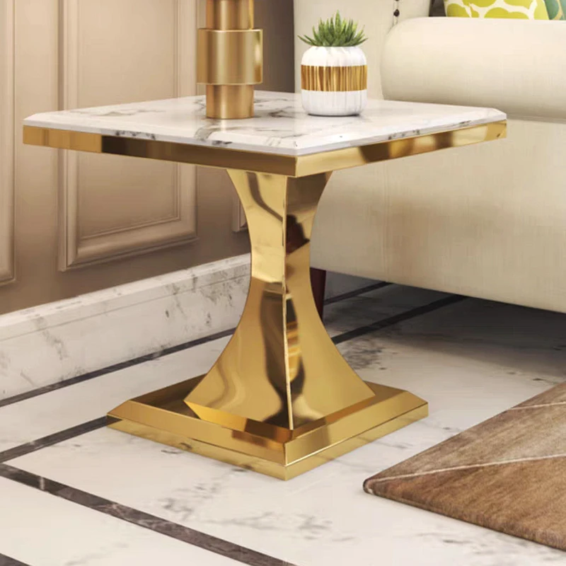 Square Marble Coffee Table High End Luxury Furniture Glossy Gold Stand Living Room Sofa Edge Corner Table Hotel Table