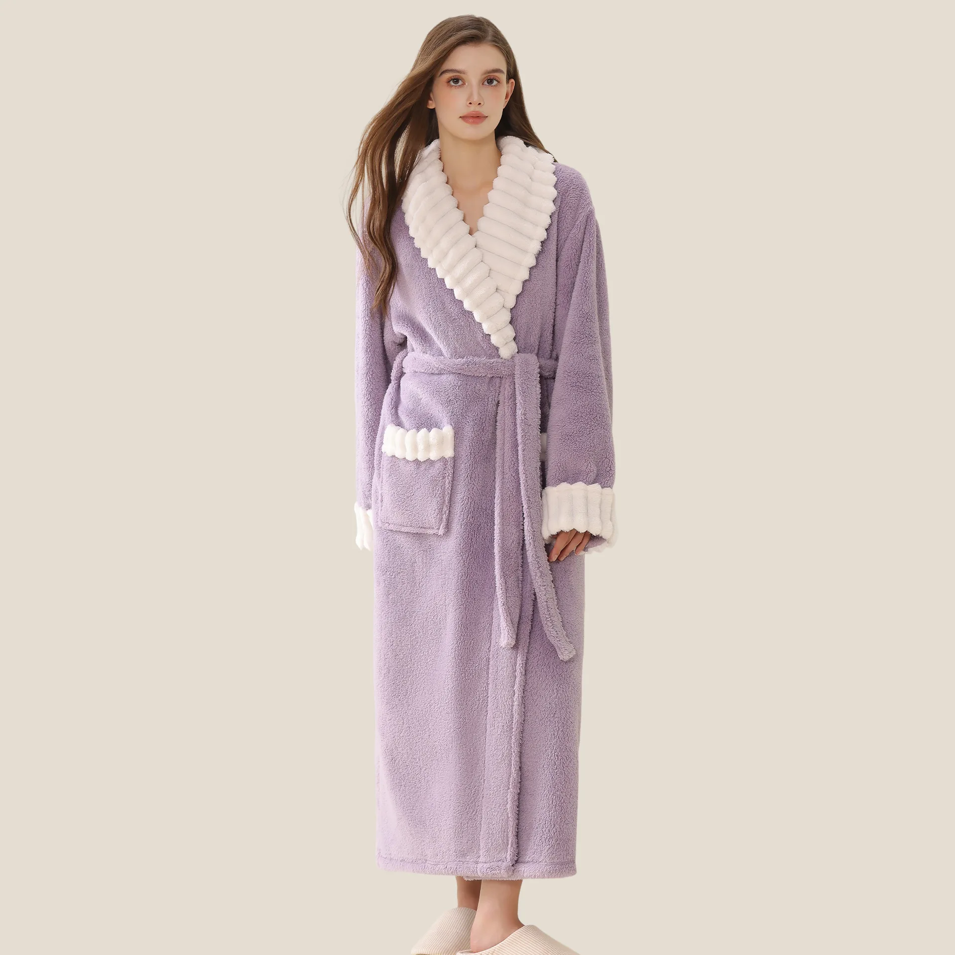 New American-Style Women's Bathrobe for Autumn and Winter, Long Coral Fleece and Flannel Robe, Extra Warm and Thick Home Wear