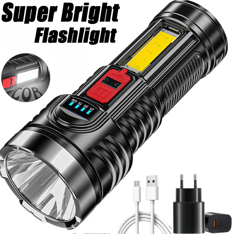 High Power Flashlight Fishing USB Rechargeable COB Torch IPX4 Waterproof Outdoor for Hiking Climbing Camping Emergency Lighting