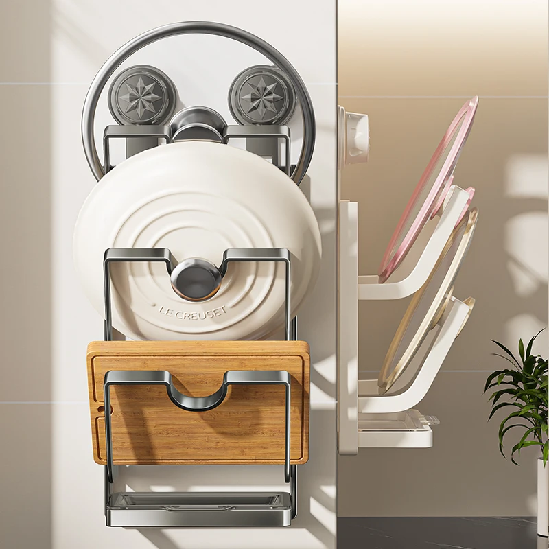 Suction cup pot cover holder, no drilling, multi-layer storage rack, wall-mounted kitchen shelf, multifunctional chopping board