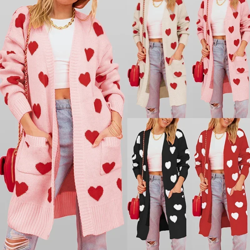 

2025 Women Heart Maxi Sweater Cardigan Kintted Jacket Long Spring Valentine's Day Loose Crochet Winter Warm Jumper Coat Sweaters