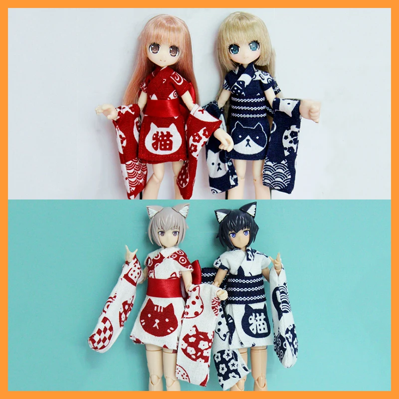 [High Quality] 1/12 Scale Dolls Red and Blue Cat Gemini Improved Short Style Kimono Pajamas Model for azone fag blyth momoko Toy