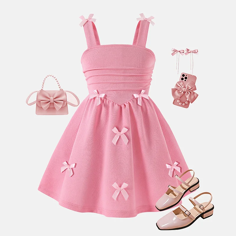 Kids Fashion Bow Dress Girls Casual Vacation Sleeveless Tank Outdoor Comfort Skirt Children Party Elegance Gown 4-7 Years Old