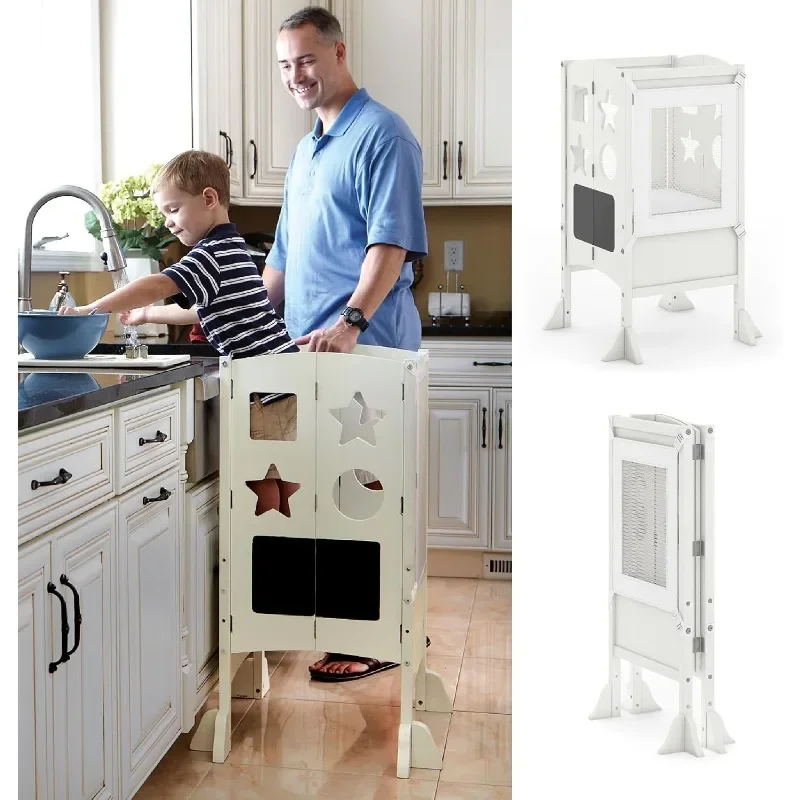 Guidecraft Classic Kitchen Helper® Stool - Ivory: Foldable Toddler Tower with Adjustable Height Platform | Premium Learning