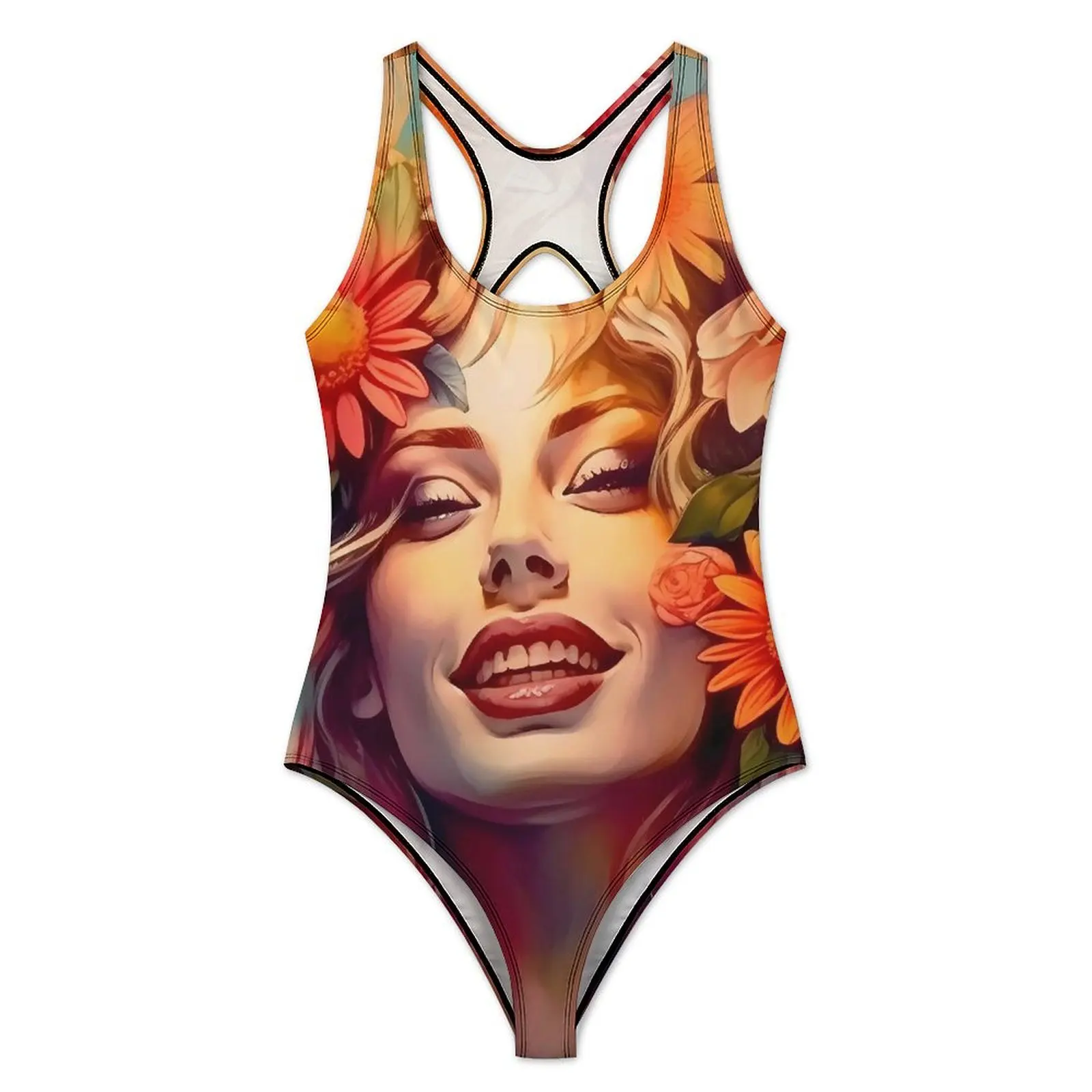 Happy Lady Face Swimsuit Sexy Floral Print One-Piece Swimwear Push Up Bodysuit Trend Beach Beach Wear