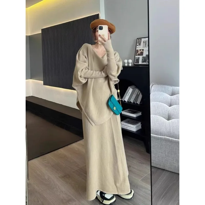 

Повседневный свободный женский костюм, новый однотонный вязаный свитер с круглым вырезом и длинными рукавами, пуловер + макси-юбка с эластичной резинкой на талии, комплект из 2 предметов E12164